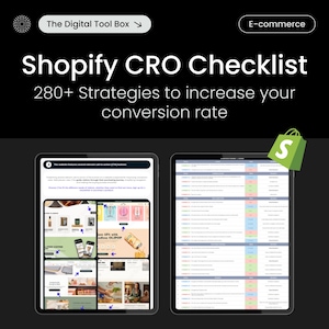 May include: A checklist for improving Shopify conversion rates with over 280 strategies. The checklist is divided into sections with green, red, and yellow highlights. The checklist is titled "Shopify CRO Checklist" and "280+ Strategies to increase your conversion rate".