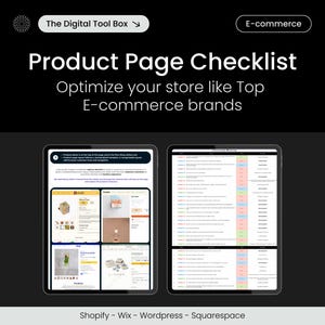 Könnte beinhalten: Eine Checkliste zur Optimierung von Produktseiten auf E-Commerce-Websites. Die Checkliste ist in Abschnitte für Shopify, Wix, Wordpress und Squarespace unterteilt. Die Checkliste enthält eine Vielzahl von Tipps und Best Practices für die Erstellung von Produktseiten mit hoher Conversion-Rate.