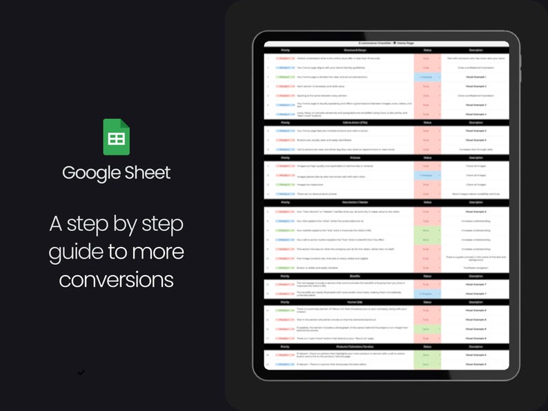 May include: A screenshot of a Google Sheet with a green and white icon. The sheet is titled "Conversion Rate Optimization" and has columns for "Step", "Description", "Results", and "Notes".