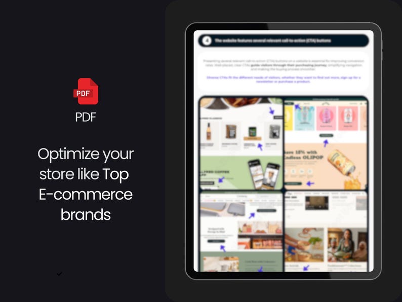 May include: A screenshot of a website with a guide on how to optimize your store like top e-commerce brands. The guide includes several screenshots of different e-commerce websites with examples of how to use different features. The guide is titled "The website features second relevant call to action (CTA) buttons".