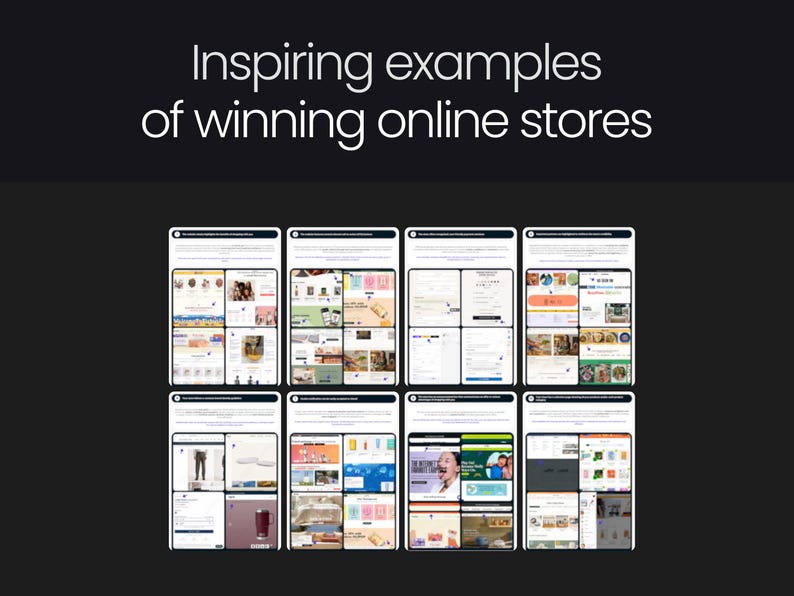 May include: A collage of eight screenshots showing different examples of winning online stores. Each screenshot shows a different online store with a variety of products and features. The screenshots are arranged in a grid pattern.