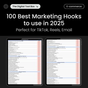 May include: A screenshot of a computer screen displaying a list of 100 marketing hooks to use in 2025. The list is divided into two columns and includes phrases like "What if I told you..." and "Have you ever wondered..."