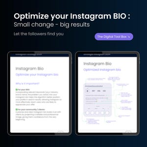 Könnte beinhalten: Zwei Screenshots eines Leitfadens zur Optimierung Ihrer Instagram-Bio. Der linke Screenshot zeigt den Titel "Instagram Bio" und den Text "Optimieren Sie Ihre Instagram-Bio". Der rechte Screenshot zeigt ein Diagramm mit dem Titel "Instagram Bio" und dem Text "Optimierte Instagram-Bio".