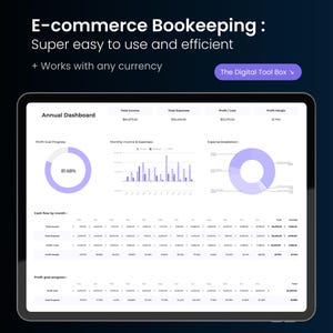 Könnte beinhalten: Ein Tablet-Bildschirm zeigt ein E-Commerce-Buchhaltungs-Dashboard mit Finanzdaten. Die Anzeige umfasst Einnahmen, Ausgaben und Gewinnmargen. Der Text oben lautet "E-Commerce Bookkeeping: Super easy to use and efficient + Works with any currency."