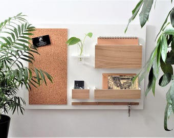 Wall Organizer - wooden, white + oak, on the wall
