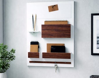 Modern Wall Organizer with Magnetic and Dry Erase Board – White Plywood and Walnut Veneer Entryway Organizer with Shelves and Hooks