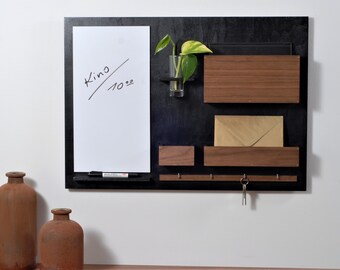 Wall organizer with dry erase board, black + walnut, wooden