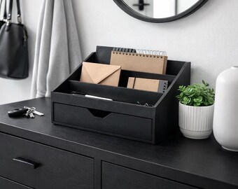 Wooden Desk Organizer with Drawer | Flywood Mail Holder | OfficeStorage | Minimalist Desk Organizer I Black