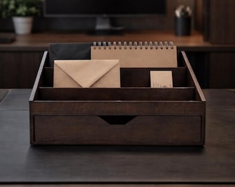Desk Organizer Wooden | Mail & Letter Holder with Drawer | Office Storage Box | Minimalist Desk Decor