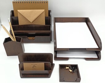 Wood Desk Organizer Set, Dark Brown Office Organizer
