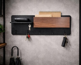 Wooden hanger with organizer, black + walnut