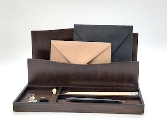 Wooden Desk Organizer with Mail Holder, Minimalist Office Organizer, Dark Wood Desk Storage, Pen Holder, Home Office Decor Gift