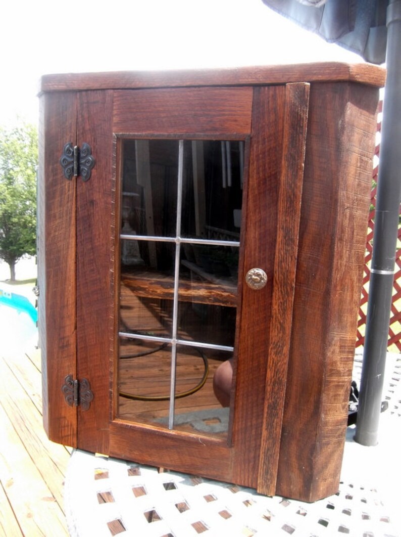 Rustic Oak Barnwood Corner Cabinet With Leaded Glass Door For Image 0