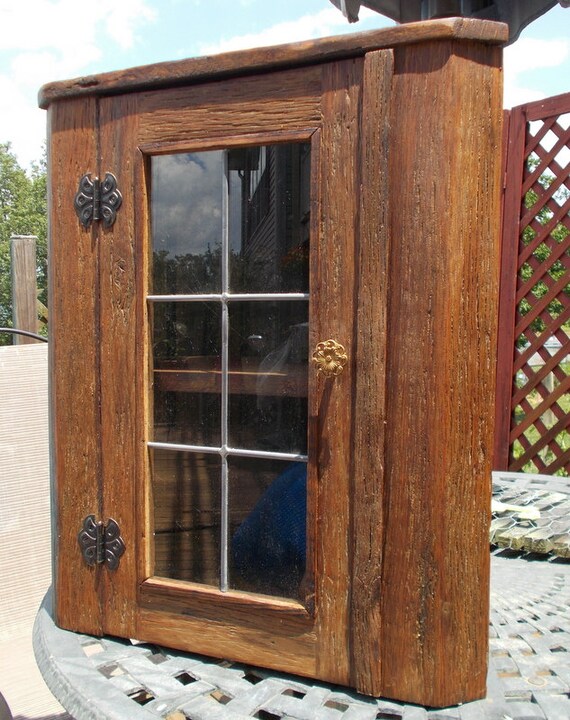Rustic Oak Barnwood Corner Cabinet With Leaded Glass Door For Etsy