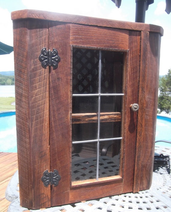 Rustic Oak Barnwood Corner Cabinet With Leaded Glass Door For Etsy