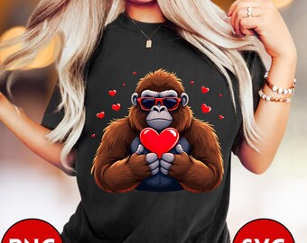 Valentine Bigfoot SVG,Bigfoot Heart Hands PNG,Funny Sasquatch Love Design,Valentine&#39;s Day Sublimation,Gorilla Silhouette for Boys Girls,PNG
