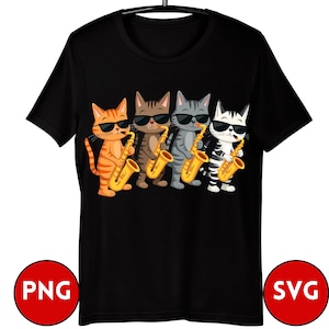 May include: Four cartoon cats wearing sunglasses are playing saxophones. The cats are orange, brown, gray, and white. The saxophones are gold.