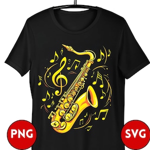 May include: Black t-shirt with a yellow saxophone and musical notes graphic. The saxophone is playing music and the notes are swirling around it.