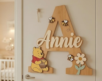 Personalized Nursery Sign Winnie the Pooh, Winnie Pooh Sign, Pooh Room Sign, Kid Room Sign, Kids Bedroom Door Sign, Nursery Name Sign