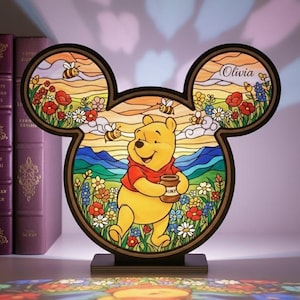 Personalized Winnie the Pooh Suncatcher Candle Holder, Floral Disney Bear Nursery Decor Gift, Pooh Stained Glass Pooh Bear Suncatcher Candle