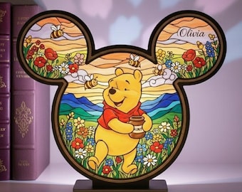 Personalized Winnie the Pooh Suncatcher Candle Holder, Floral Disney Bear Nursery Decor Gift, Pooh Stained Glass Pooh Bear Suncatcher Candle