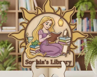 Placa personalizada da Rapunzel lendo, Princesa Rapunzel da Disney, Placas de Enrolados, Cantinho de leitura da Rapunzel, Princesa Perdida, Placa da Rapunzel e Pascal