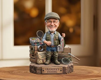 Personalized Grandpa Fishing 2D Flat Wooden Block, Custom Photo Caricature Plaque Sign, Fishing Theme Keepsake,Father’s Day Gift for Grandpa