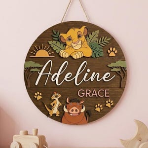 Letrero personalizado con el nombre de Simba, Letrero con el nombre del Rey León, Letrero para habitación infantil, Letrero para habitación infantil con temática de la jungla de Disney, Decoración floral para habitación infantil