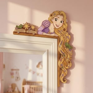 May include: A wooden door corner decoration featuring a blonde character with long hair, a purple dress, and a green chameleon. The design includes an open book with sun motifs and floral accents, extending down the side of the door frame.