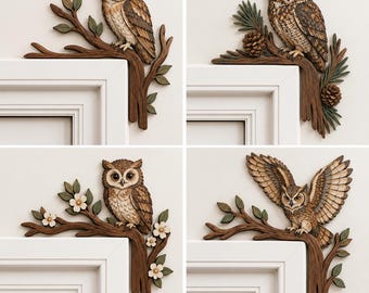 May include: A set of four decorative corner wall accents featuring carved owls perched on tree branches. Each piece displays a different owl species with detailed brown and white plumage, accented by green leaves, pinecones, or white flowers.