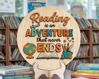 Decoración de pared de aventuras para profesores, letrero para aula de lectura, letrero de biblioteca o escuela, letrero de madera para rincón de lectura, decoración para aula, rincón de libros