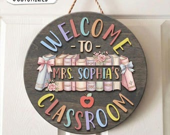 Personalized Book Flower Teacher Sign, Teacher Door Sign, Classroom Door Hanger, Classroom Welcome Sign, Teacher Gift, Teachers Appreciation