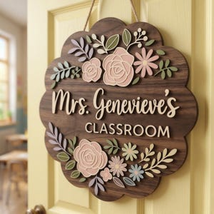 Personalized Teacher Door Sign, Custom Teacher Name Sign, Floral Wooden ...