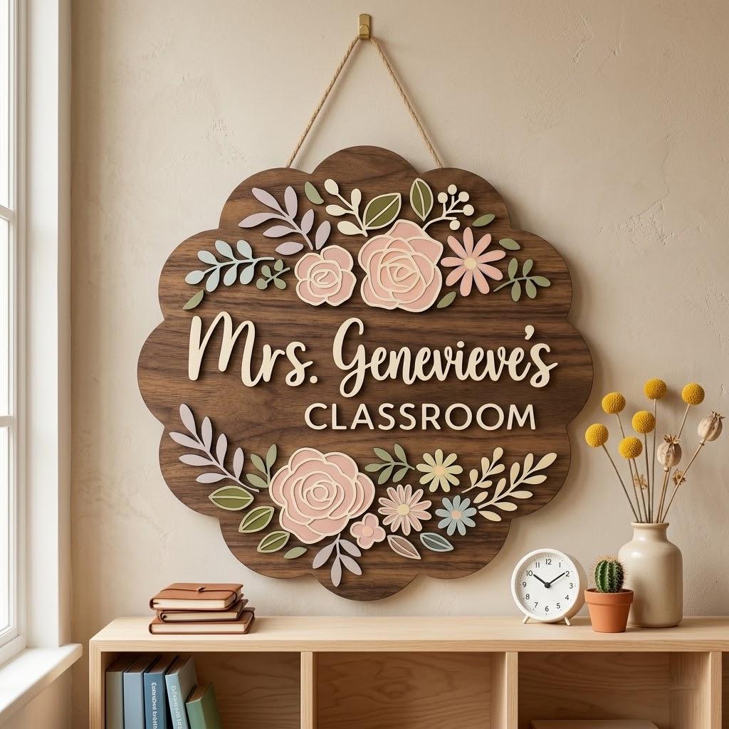 Personalized Teacher Door Sign, Custom Teacher Name Sign, Floral Wooden ...