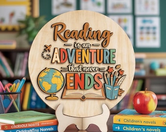 Decoración para el aula, decoración de pared de aventuras para profesores, letrero de biblioteca o escuela, letrero de madera para el rincón de lectura, rincón de libros, letrero para el aula de lectura