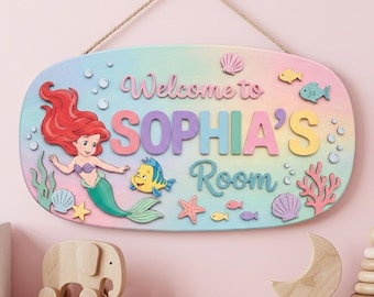 Personalized Ariel Name Sign, Little Mermaid Sign, Kid Room Sign, Kids Bedroom 3D Door Sign, Kids Room Door Decoration, Nursery Name Sign