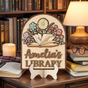 Book Lover Gift, Personalized Flower Book Bookish Sign, Custom Flower Book Sign, Librarian Gift, Book Club Gift, Library Books Sign
