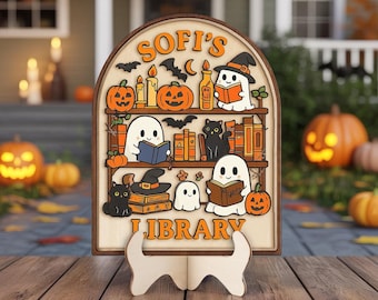 Spooky Cute Ghost Cat Book Lover Sign, Custom Ghost Reading Sign, Personalized Halloween Library Sign, Fall Gothic Book Decor,Halloween Gift
