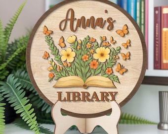 Custom Book Decor, Custom Library Book Sign, Personalized Library Sign, Floral Book Bookshelf Sign for Book Nook, Reading Room Gift