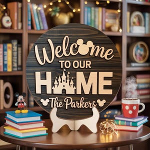 Op de afbeelding: Een rond houten bord met de tekst "Welcome to our Home" en een kasteelontwerp. Het bord is donkerbruin met lichte houten letters. Een Mickey Mouse-beeldje en een stapel kleurrijke boeken staan op een tafel voor het bord.