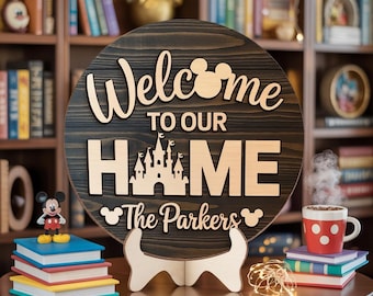 Welcome Home Sign, Disney Home Sign, Mickey Wooden Sign, Natural Wood Home Decor, Disney Castle Sign, Mickey Home Sign, Mickey Hanging Door