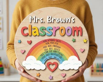 Teacher Door Sign, Classroom Rainbow Door Hanger, Teacher Rainbow Sign, Classroom Welcome Sign, Personalized Gifts For Teacher, Teacher Name