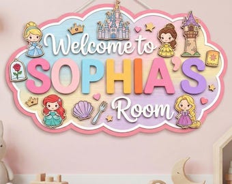 Personalized Disney Princess Name Sign, Girl Door Sign, Nursery Name Sign, Kids Bedroom Wooden Sign, Girls 3D Welcome Sign, Birthday Gifts