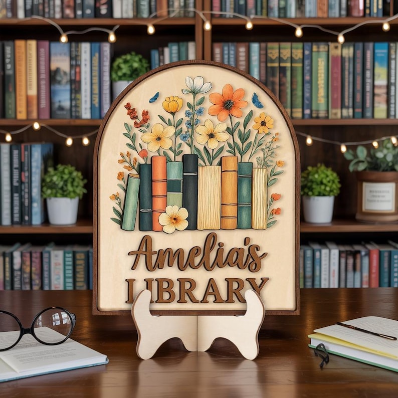 Reding Books Sign Librarian Gift, Reading Book Sign, Personalized Floral Book Sign ...