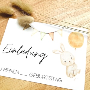 EINLADUNGSKARTEN zum KINDERGEBURTSTAG, Einladung für Kinder, Einladungskarte, Geburtstagseinladung Kinder Aquarell, Hase und Luftballon