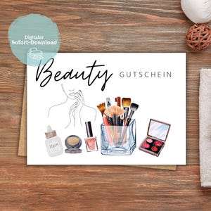 Puede incluir: Un vale de regalo blanco con el texto "Beauty Gutschein" y una ilustración de acuarela de pinceles de maquillaje, un frasco de suero, un compacto y esmalte de uñas.