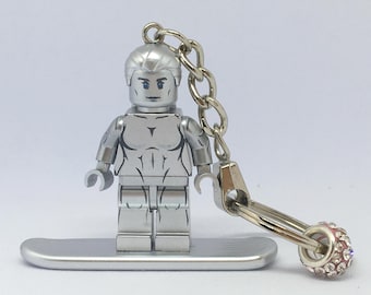 Custom Silver Cosmic Hero Keychain made with building block minifigure & Gift Box - handmade Sci-Fi Superhero Gift
