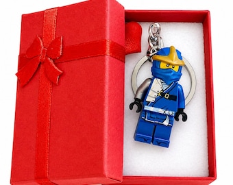 Custom Jay keychain made with a genuine modified LEGO minifigure & Gift Box - handmade Lightning Ninja Gift