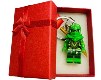 Custom Lloyd keychain made with a genuine modified LEGO minifigure & Gift Box - handmade Green Ninja Gift