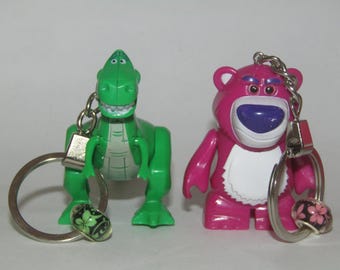 Handmade Cartoon Mini Figure Keychain, Handmade Pink Strawberry Bear or Green/ Red Dino Keyring, Cute Backpack Accessory, Novelty Gift